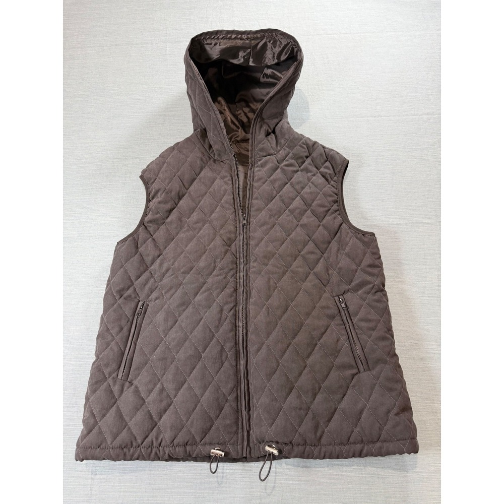 Unbranded GREY Quilted Hooded Vest Women Medium Diamond Stitch Full Zip Pockets